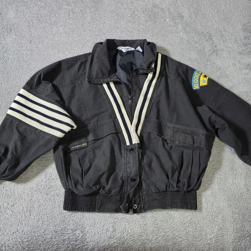 Le Coq Sportif Mens L Bomber Jacket Black Vintage Cotton Striped Trim Patch